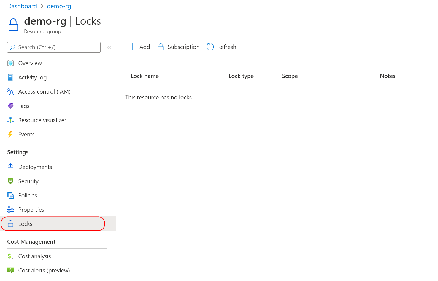Lock option on the resource group