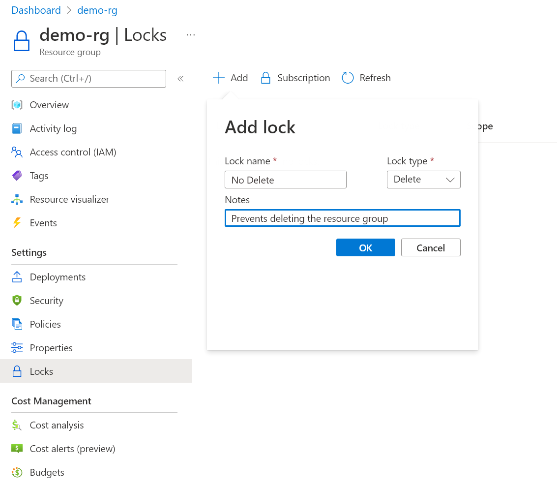 Add delete lock on the resource group