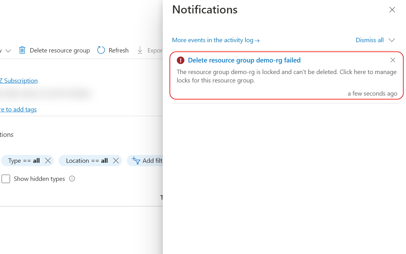 Error in deleting the resource group