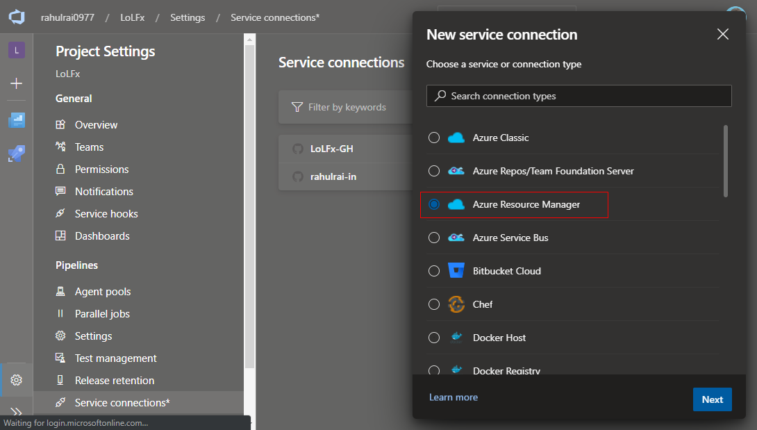 Create New Service Connection