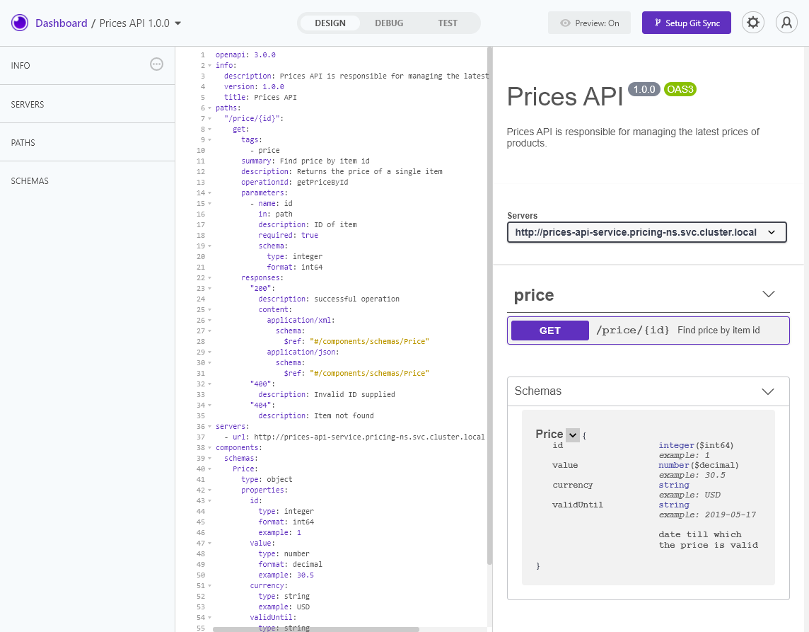 OpenAPI spec of Prices API