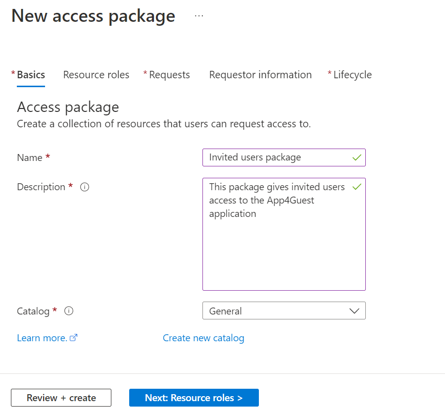 Basic access package settings